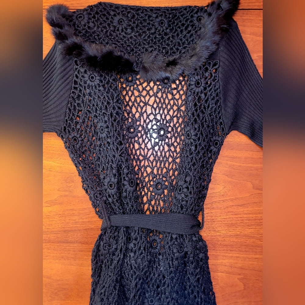 Ruby Cho Black Sequin Crochet Faux Fur Trim Duster Cardigan S - Picture 12 of 14
